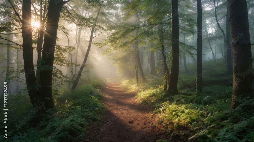 Obraz premium A Tranquil Morning Journey Through Enchanted Forest Trails, Awash with Mystic Fog and Sunlight Filtering Through Lush Green Canopies, Evoking a Sense of Serene Bliss and Nature's