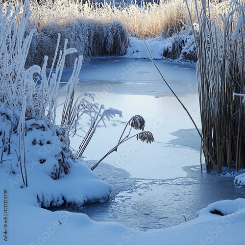 Winter landscape with frozen pond and frosted plants at dawn near a tranquil marsh photo