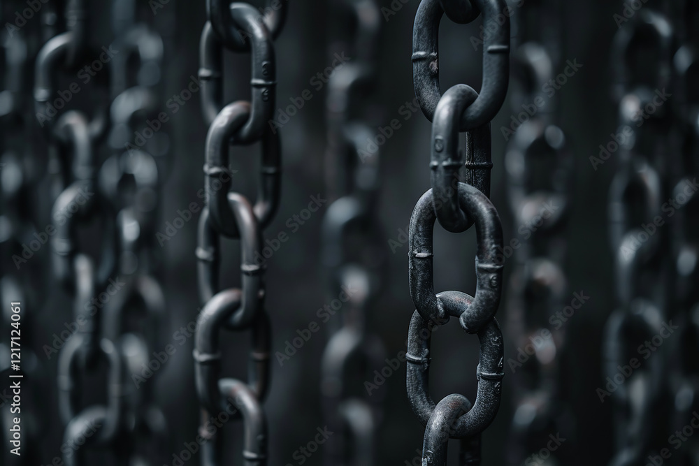 Several heavy black chains against a dark background, strength, heaviness, restriction, dependence, or even imprisonment. Several heavy black chains against a dark background, strength, heaviness, restriction, dependence, or even imprisonment.