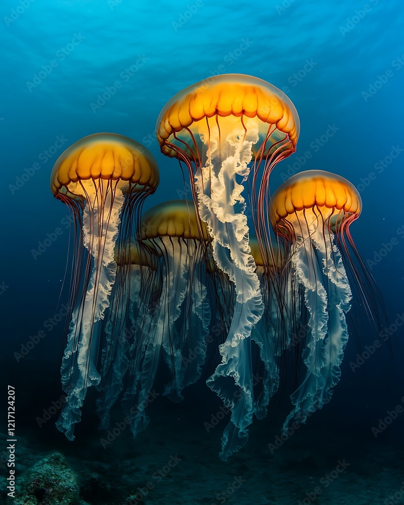 Group of orange jellyfish underwater.