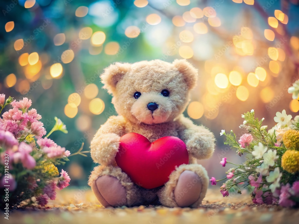 Valentine's Day Teddy Bear with Heart, Miniature Floral Scene, Tilt-Shift Photography Valentine's Day Teddy Bear with Heart, Miniature Floral Scene, Tilt-Shift Photography