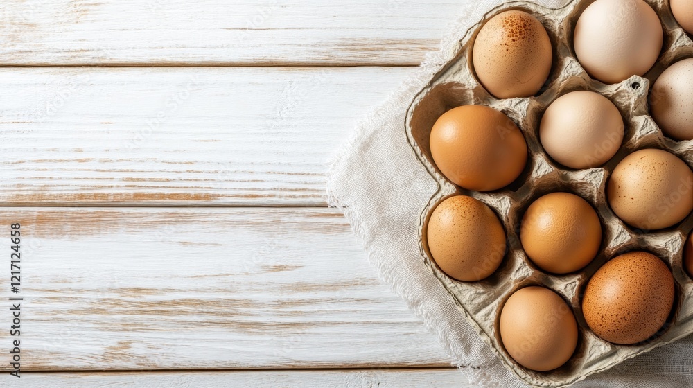 Fresh Brown Eggs in Carton on Rustic White Wooden Background Fresh Brown Eggs in Carton on Rustic White Wooden Background
