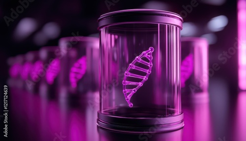 Futuristic display of DNA strands in pink illuminated containers on a sleek surface.