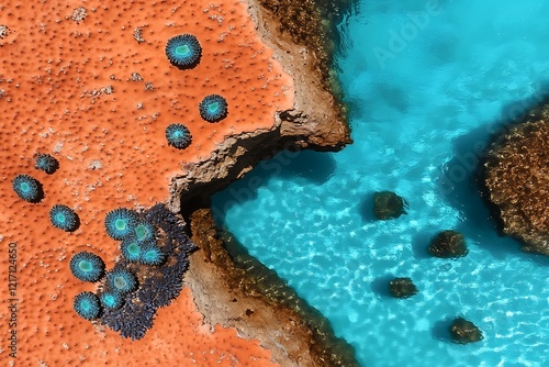 Aerial view of a vibrant coral reef meeting the turquoise ocean at Ningaloo Reef, Western Australia, showcasing the colorful contrast of nature. photo