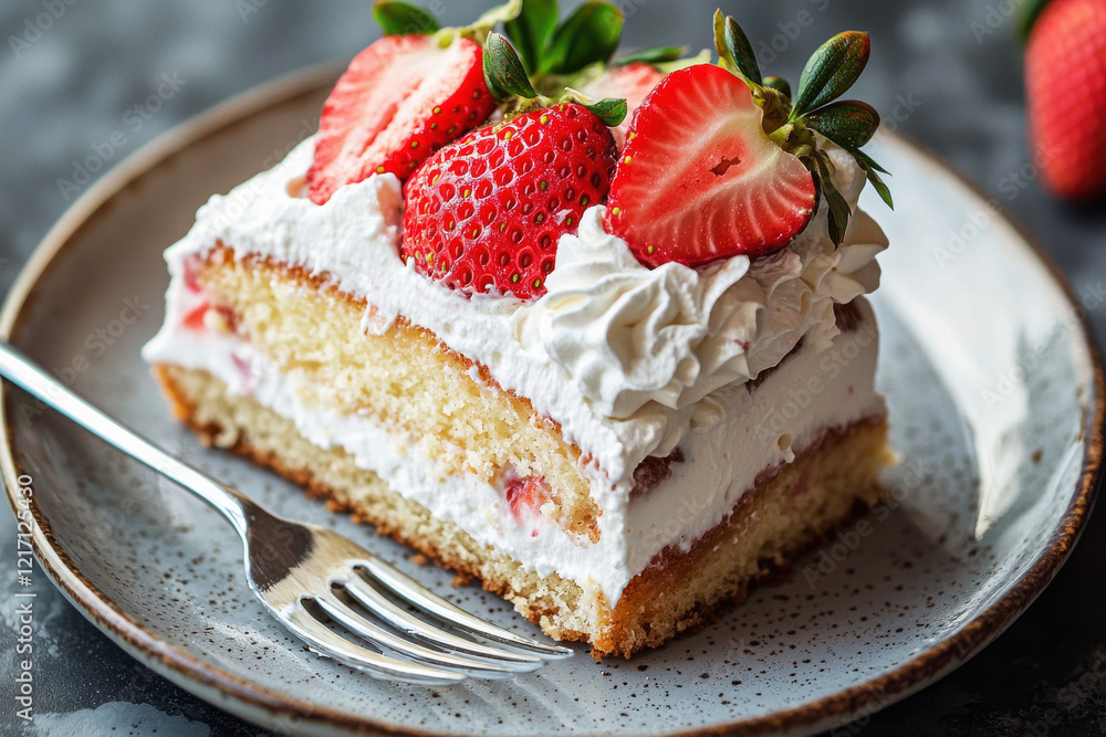 Slice of tres leches cake with whipped cream and fresh strawberries served on a ceramic plate Slice of tres leches cake with whipped cream and fresh strawberries served on a ceramic plate
