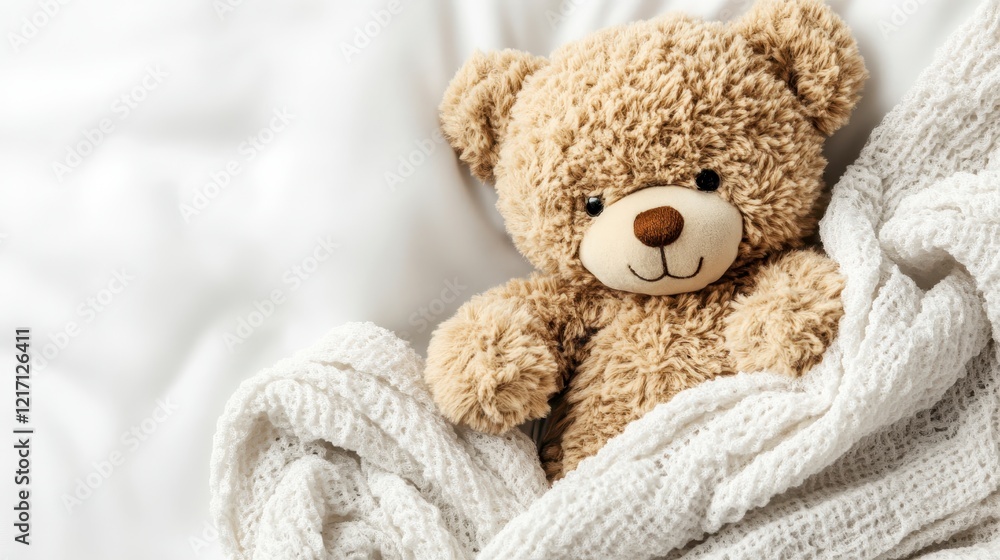 Adorable Teddy Bear Snuggled in a Soft White Blanket Adorable Teddy Bear Snuggled in a Soft White Blanket