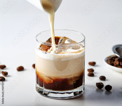 A classic White Russian cocktail with vodka, Kawala liqueur and cream, served over ice in a short glass. The soft texture and delicate taste make it perfect for an evening out. photo