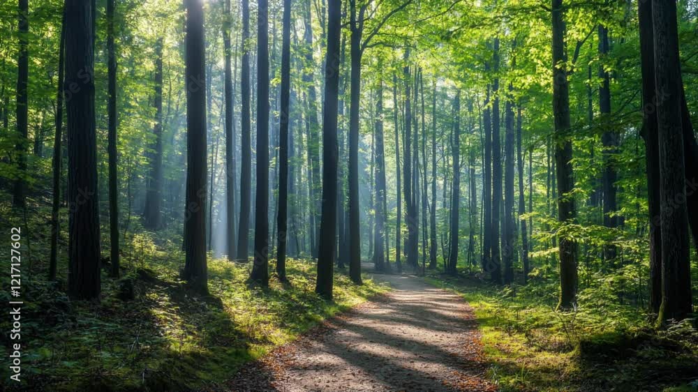 A tranquil forest path illuminated by beams of sunlight streaming through tall, lush green trees, with scattered leaves on the ground. A tranquil forest path illuminated by beams of sunlight streaming through tall, lush green trees, with scattered leaves on the ground.