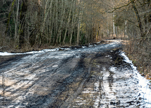 a muddy, wet road, mud texture, snow remnants, winter road