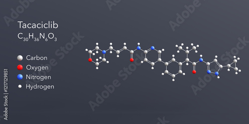 tacaciclib molecule 3d rendering, flat molecular structure with chemical formula and atoms color coding photo