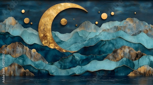 Wallpaper Mural Celestial Mountainscape: Golden Moon and Starry Night Over Teal Waters Torontodigital.ca