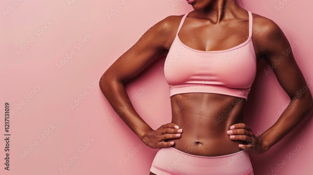 Fototapeta premium A woman in a pink tank top and pink underwear stands in front of a pink wall. Concept of confidence and empowerment, as the woman is posing for the camera with her arms crossed and her chest lifted