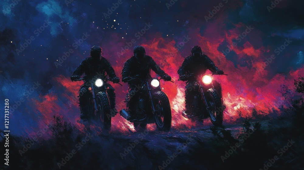 Obraz premium Three motorcyclists ride at night through fiery landscape.