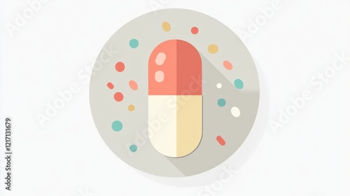 A pill with a red and yellow color is shown on a white background. The pill is surrounded by a lot of dots, which gives the impression of a powdery substance. Concept of a medication or supplement