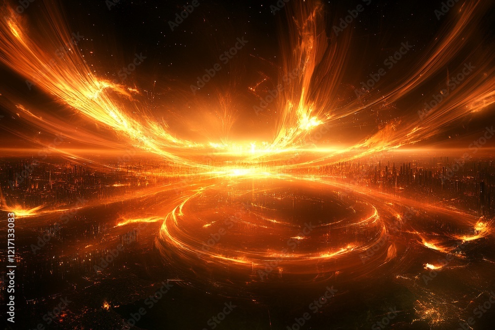 Obraz premium A bright orange planet with a large, glowing circle in the center. The circle is surrounded by a cityscape with many buildings