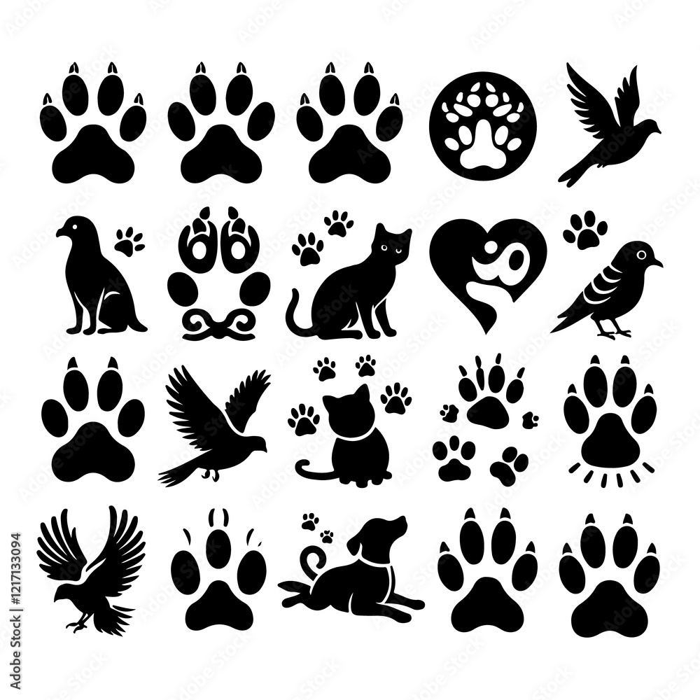 Fototapeta premium Vector silhouette of collection of animal paws on white background. Symbol of pets