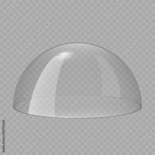 Glass dome, transparent ball, clear plastic cover. Empty glass protection case for product display. Force field shield bubble. Christmas snow globe. 3D realistic vector isolated on transparent.