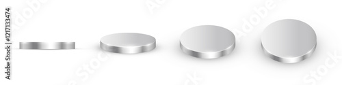 Silver podiums. Platinum 3d round metal platforms for product presentation or winner award ceremony in different angles view. Chrome empty stages on white background. Realistic vector illustration.