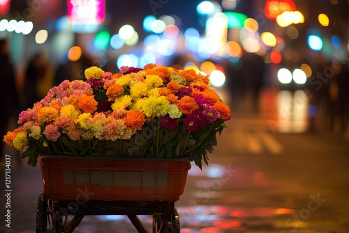 A single street vendor cart selling flowers, framed by blurred city lights. picture photo