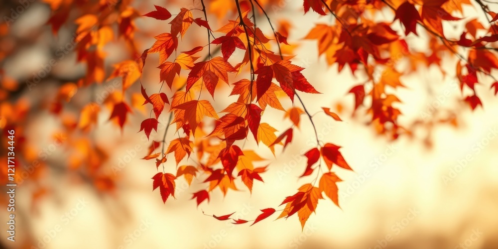 Autumnal foliage displaying vibrant red and orange leaves on a branch against a soft-focus background Autumnal foliage displaying vibrant red and orange leaves on a branch against a soft-focus background