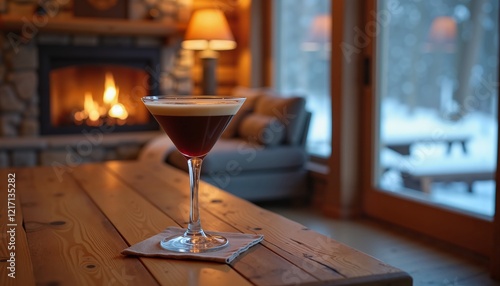 Espresso martini on Wooden Table, Warm Rustic Fireplace Ambiance, Perfect for Winter Gatherings