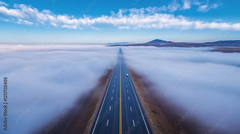 Fototapeta premium Road Through the Clouds - A scenic aerial view of a highway cutting through a low-lying cloud layer, a single vehicle visible on the road.