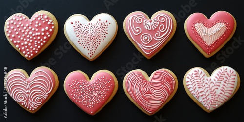 Collection of heart-shaped cookies with decorative icing photo