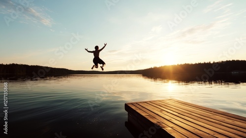 Fototapeta Naklejka Na Ścianę i Meble -  Person joyfully jumping off a dock into a serene lake at sunset with a picturesque landscape