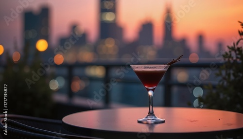 Elegant Espresso martini Glass on Rooftop Table at Sunset, Perfect for Cocktail Inspiration photo