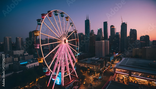 Night Ferris Wheel Cityscape Stunning Sunset View