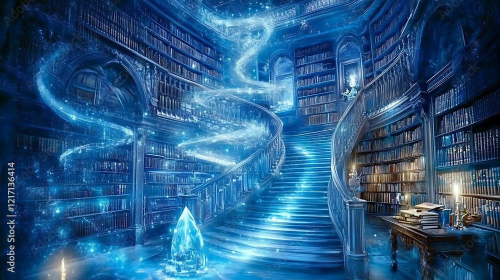 Obraz premium Enchanted Library with Glowing Staircase