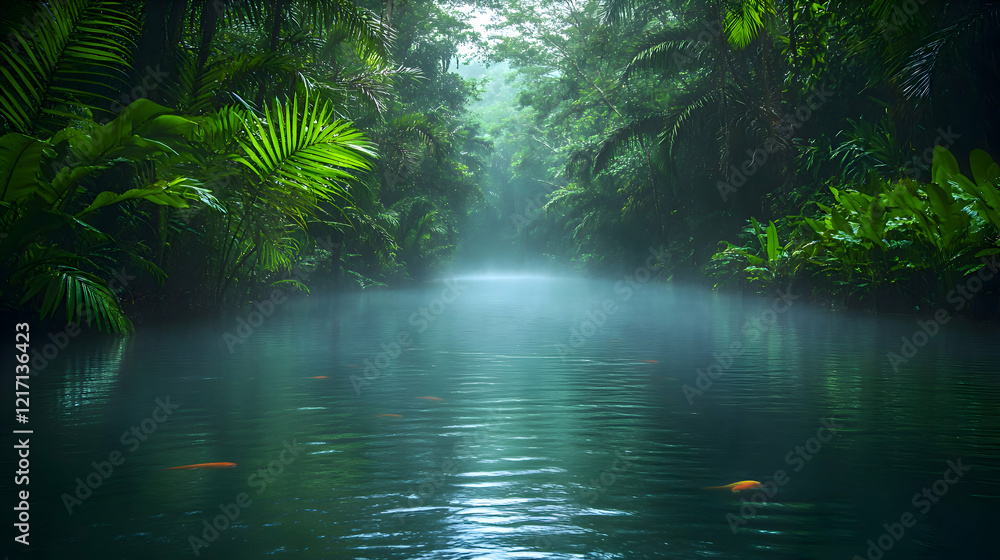 Fototapeta premium Mysterious Jungle River Enveloped in Mist: A Tranquil Tropical Scene