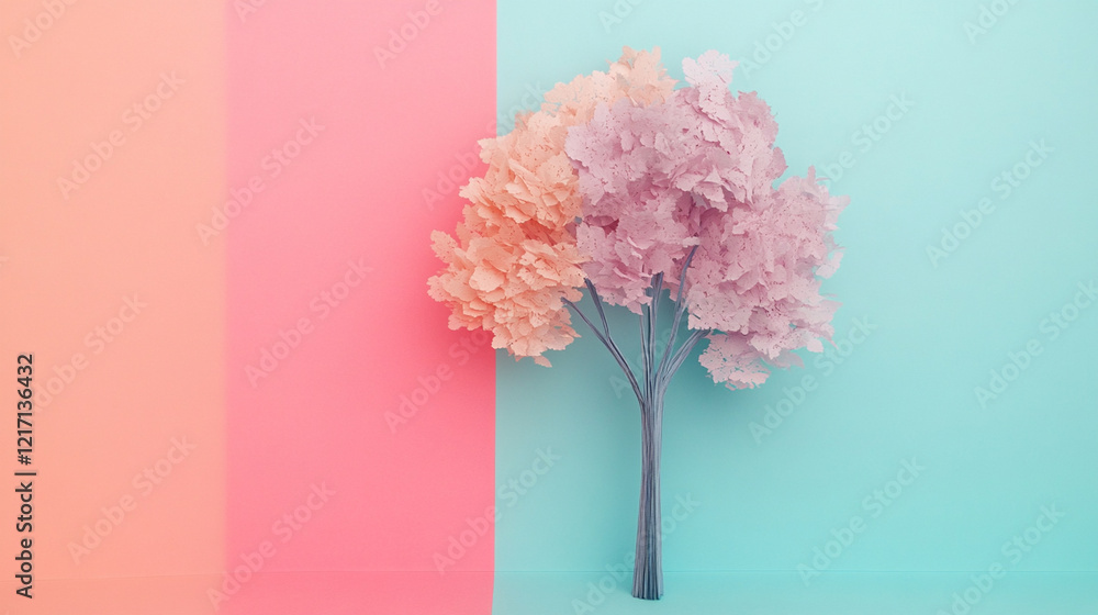 Obraz premium Pastel pink and peach stylized tree on a pink and blue background.