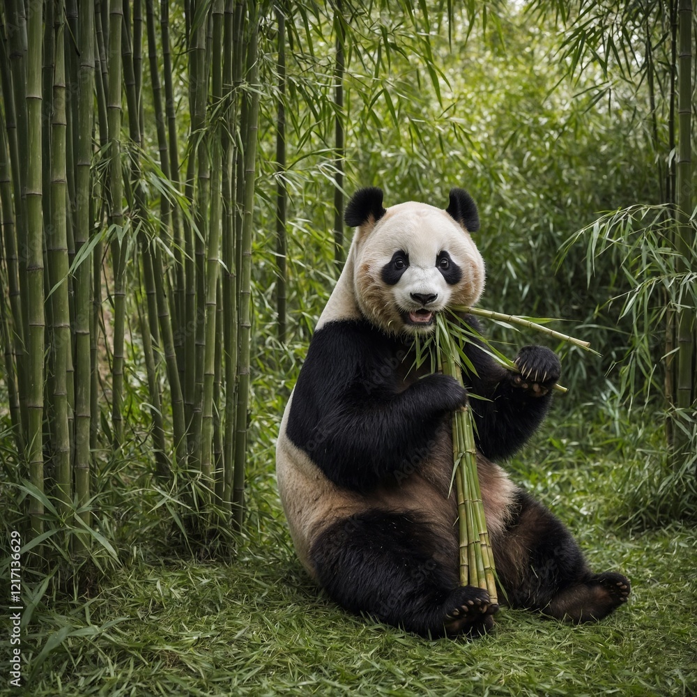 Obraz premium A panda munching on bamboo in a peaceful bamboo grove.