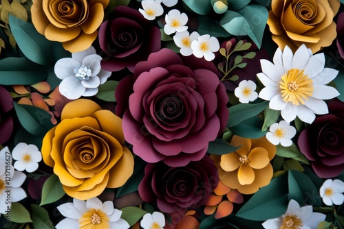 Closeup of a decorative plaster rosette adorned with flowers and leaves. Background photo