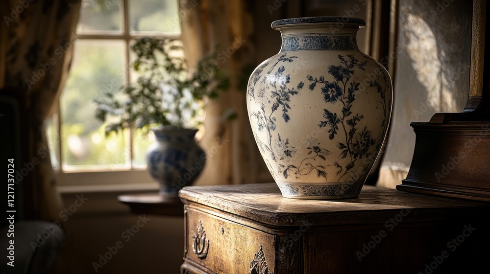 Naklejka premium Blue floral vase sits on antique dresser, sunlit room