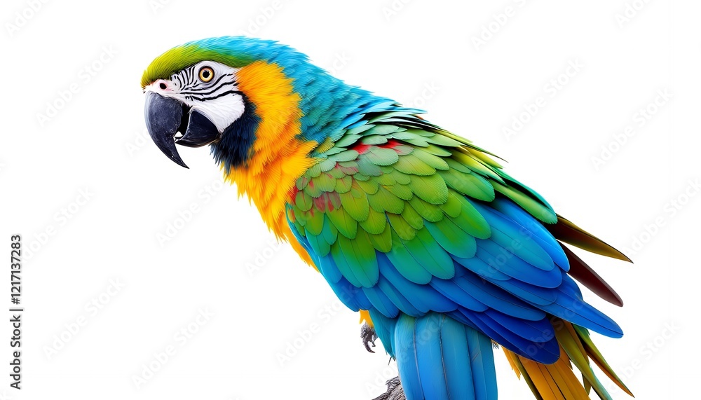 Obraz premium Vibrant Blue-Gold Macaw Parrot Portrait Against White Background: A Stunning Display of Tropical Bird Beauty