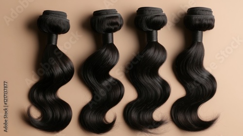 Four bundles of black body wave hair extensions on beige background.