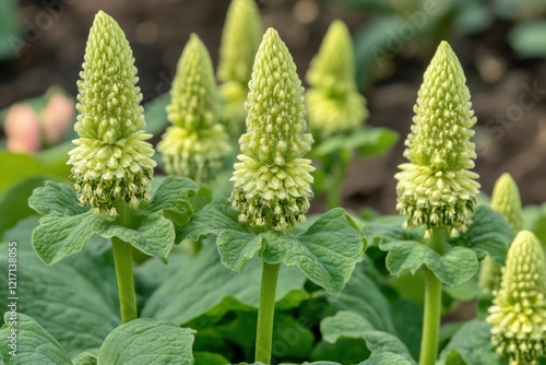 Cocklebur plant in nature. Rough texture with selective focus in garden setting photo