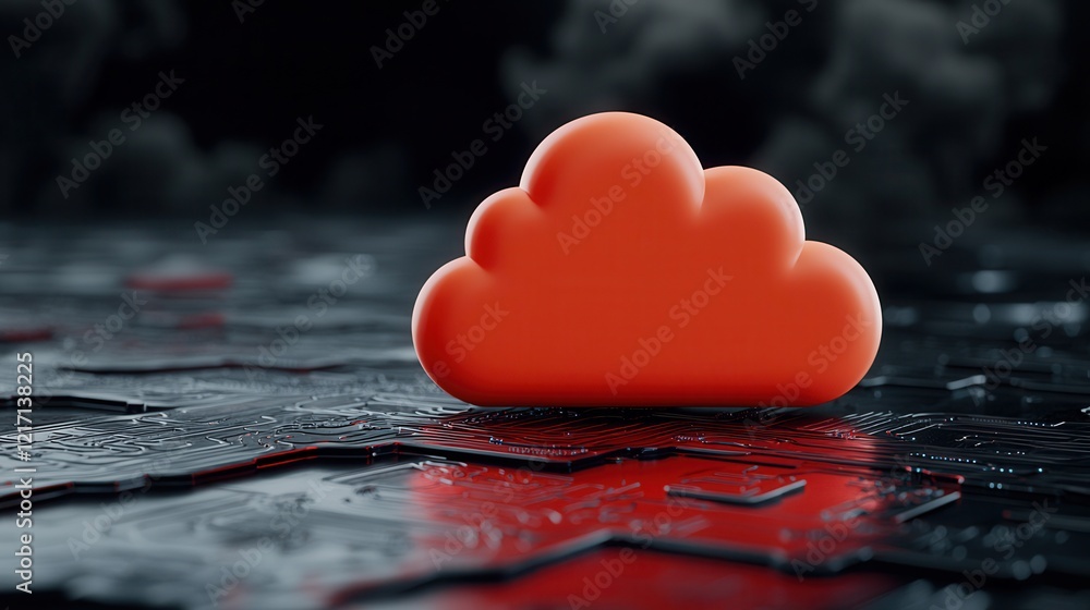 Fototapeta premium AI cloud backup and storage data protection. A vibrant red cloud icon sits atop a dark, textured surface, suggesting themes of technology, data storage, and digital connectivity.