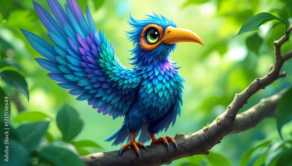 Fototapeta premium Enchanted Blue Avian Wonder: A Digital Painting of a Fantasy Bird Perched on a Branch