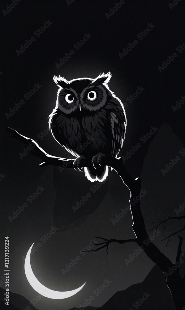 Fototapeta premium Owl perched on branch with crescent moon in background
