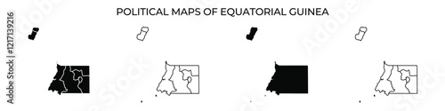 Different political maps illustrate the geographic divisions of Equatorial Guinea. Each map highlights distinct regions and their boundaries clearly designed for educational use.