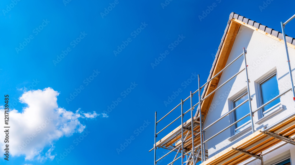 Fototapeta premium House scaffolding reconstruction concept. Scaffolding surrounds house under construction against clear blue sky