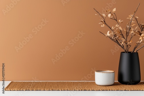 Minimalistische Tischdekoration mit Trockenblumen und Keramikvasen

 photo