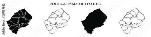 Various political maps of Lesotho showcase different design styles and color schemes, highlighting the countrys unique geographical divisions and features.