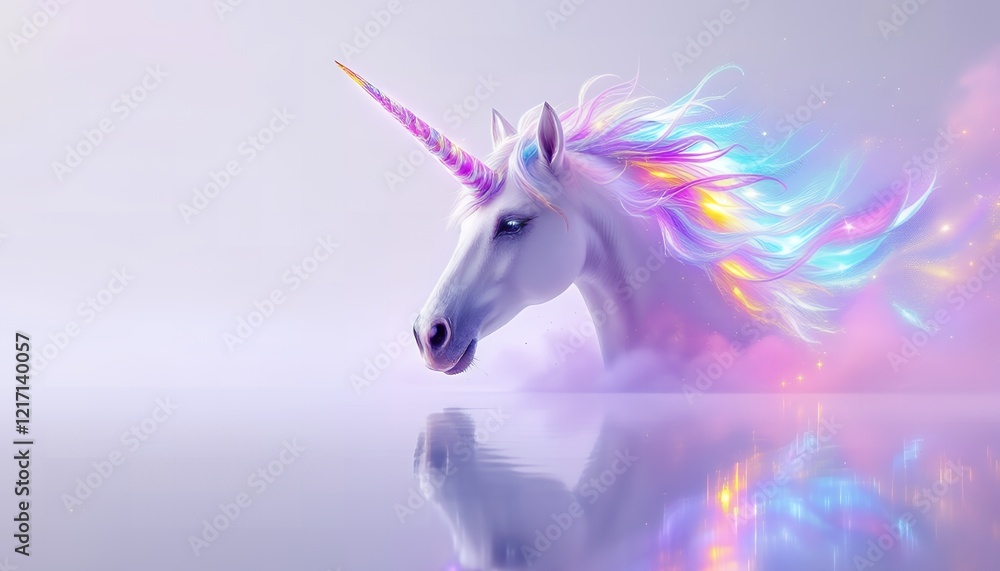 Naklejka premium Magical Unicorn with Rainbow Mane by Still Water: A Dreamlike Digital Painting