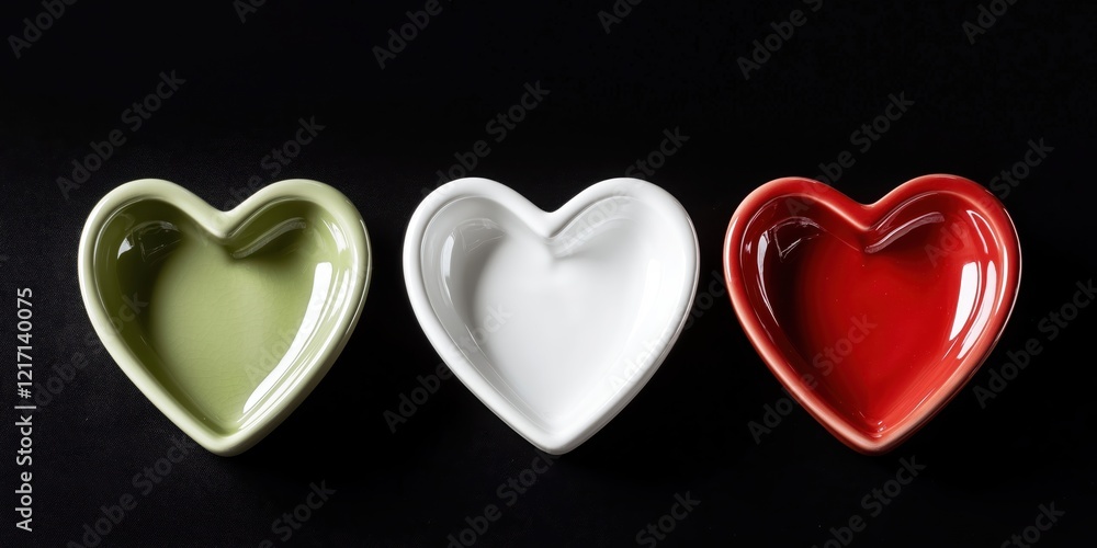 Trio of colorful ceramic bowls in heart shapes Trio of colorful ceramic bowls in heart shapes