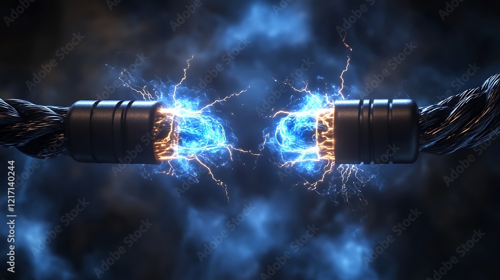 Two wires connected to each other, with a bright blue electrical discharge between them, creating a dramatic and intense visual effect. Two wires connected to each other, with a bright blue electrical discharge between them, creating a dramatic and intense visual effect.