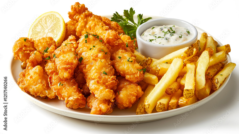 Crispy fish and chips with crispy fries, tartar sauce, fresh parsley, and a slice of lemon for garnish Crispy fish and chips with crispy fries, tartar sauce, fresh parsley, and a slice of lemon for garnish